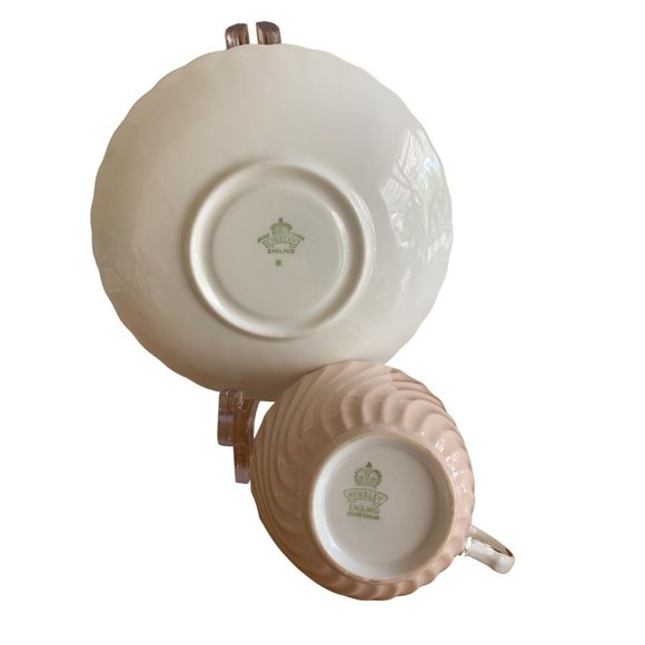 AYNSLEY ENGLAND PASTEL LIGHT PINK SWIRL TEA CUP SAUCER SET FLORAL GOLD RIM #2 Gd - Picture 8 of 14